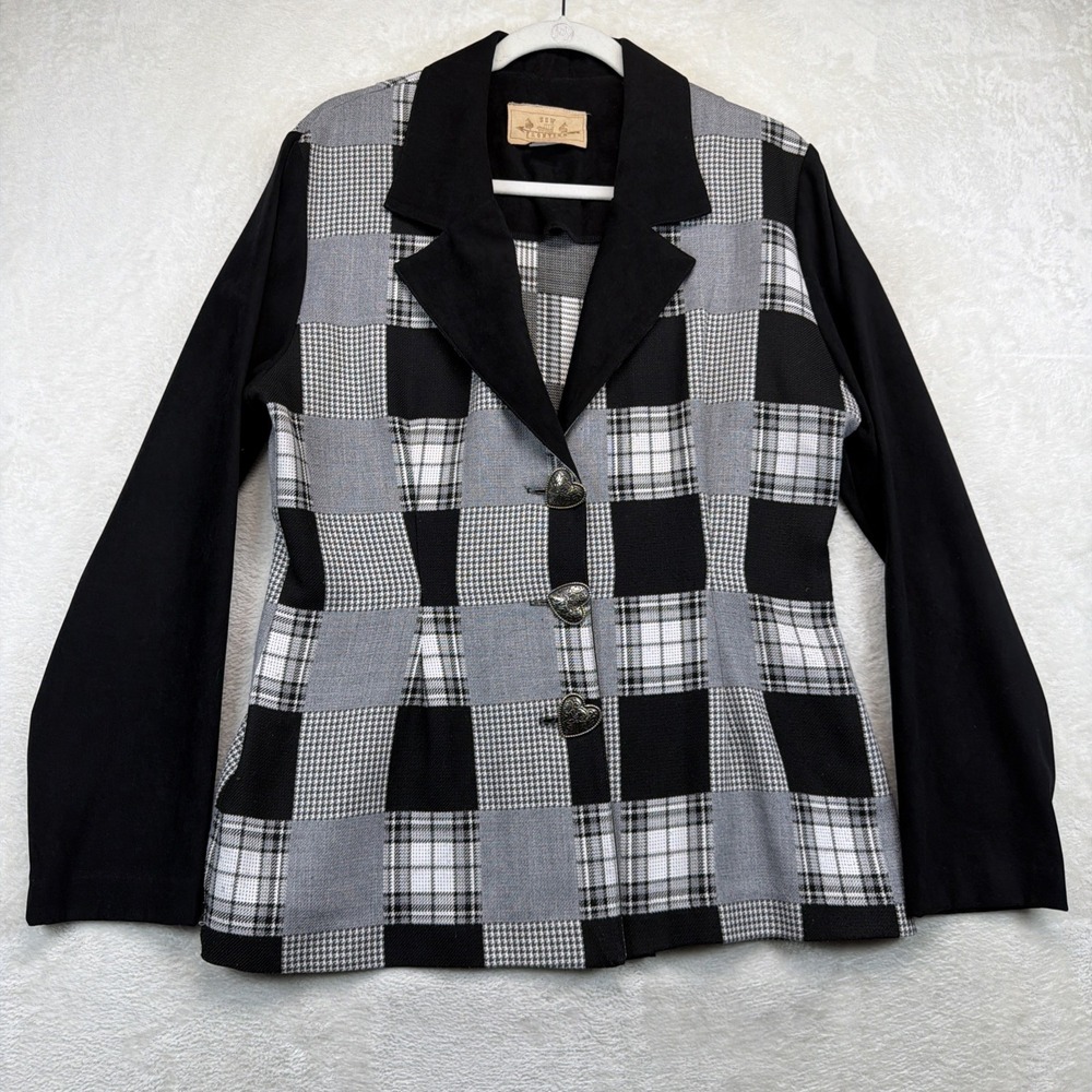 Vintage 90s New Frontier Blazer Womens M Plaid Western Concho Patchwork USA